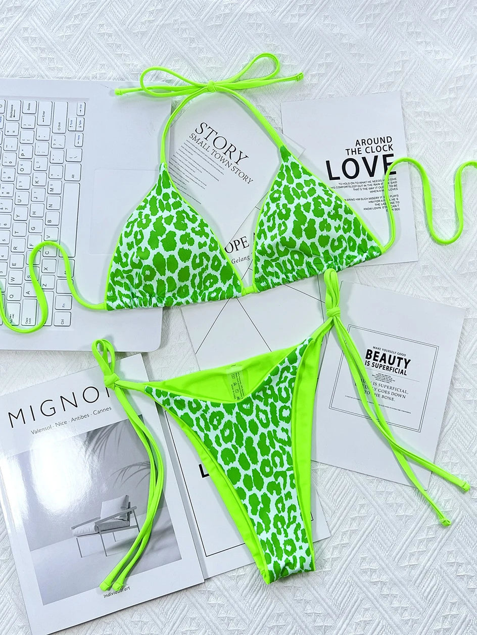 2024 Sexy Leopard Micro Bikini – Women’s Brazilian Halter Swimwear Set with Lace-Up Design Style Heaven
