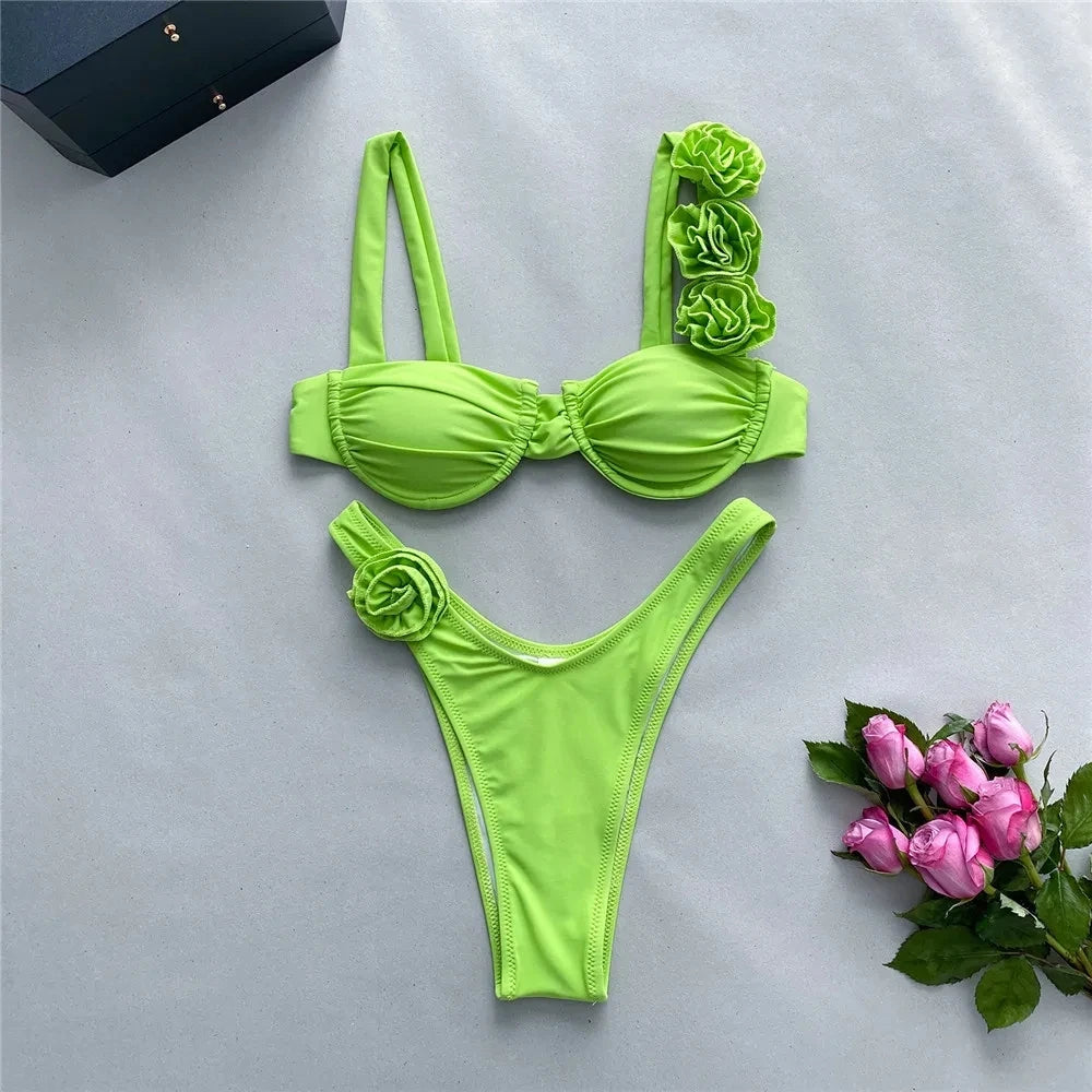 Sexy 3D Flower Shiny Pink Push-Up Bikini – Underwired High-Cut Bathing Suit with Wrinkled Detailing – 2025 Swimwear Set Style Heaven