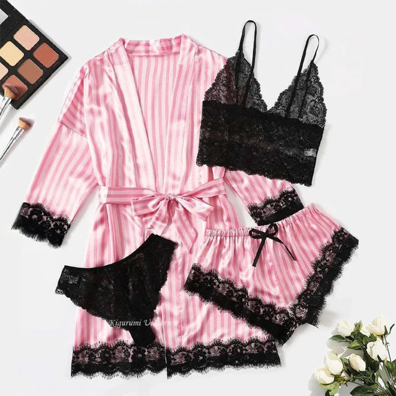 4-Piece Satin & Lace Pajama Set – Pink & White Striped Sleepwear Style Heaven