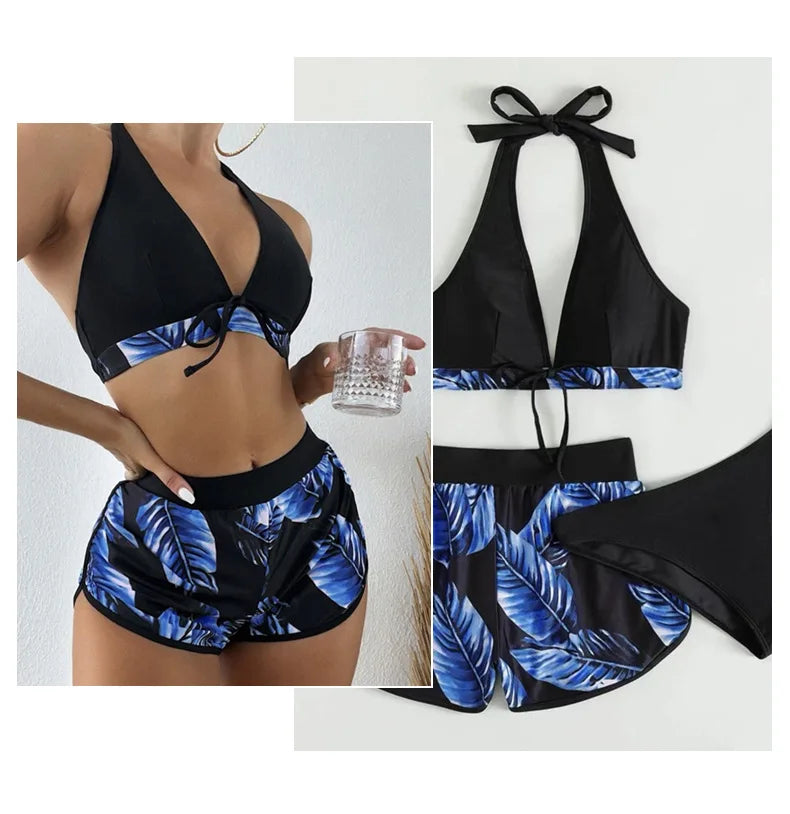 Women’s Sexy Leaf Print 3-Piece High Waist Bikini Set – Stylish Beach Swimwear Style Heaven
