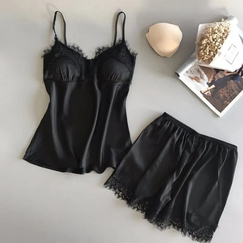 Sexy Lace Satin Pajama Set – V-Neck Babydoll Sleepwear with Bowknot Style Heaven