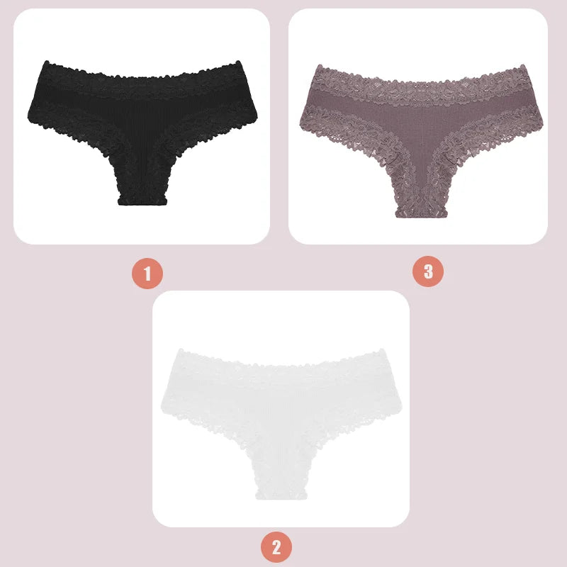 3PCS Women's Lace Seamless Cotton Panties – Ribbed Brazilian Low Waist Underwear, Breathable & Plus Size Lingerie Style Heaven