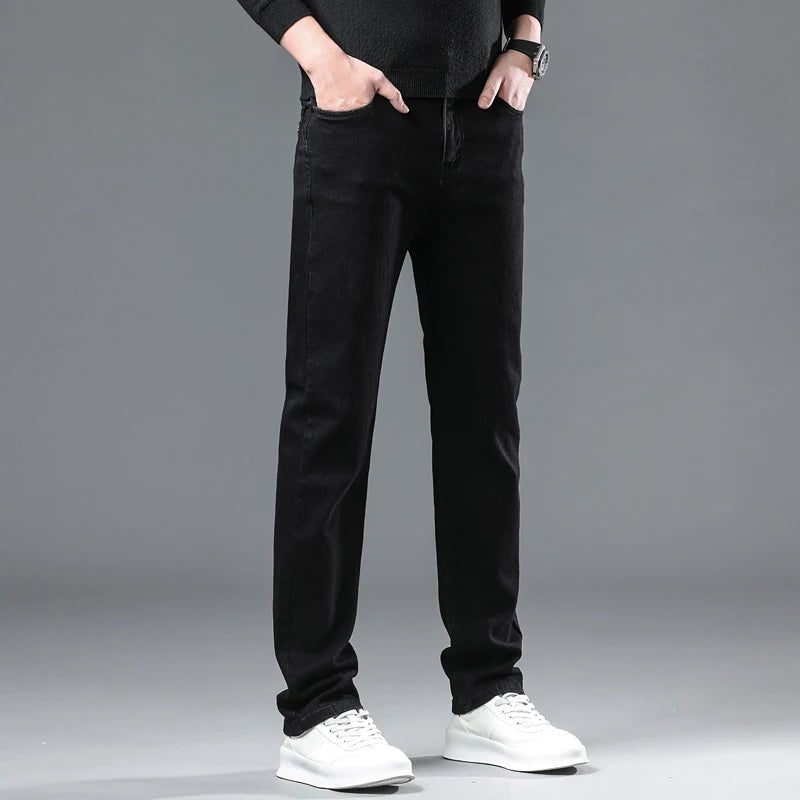 Men’s Pure Black Straight Fit Jeans – Classic Elastic Denim Business Trousers - Style Heaven