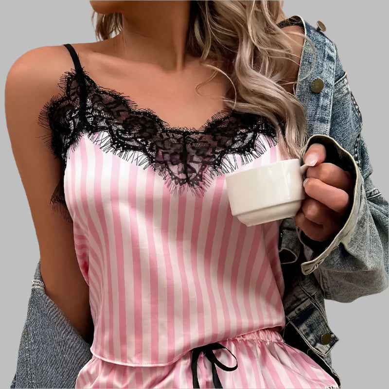 Sexy Lace V-Neck Pajama Set – 2-Piece Sleeveless Sleepwear Style Heaven