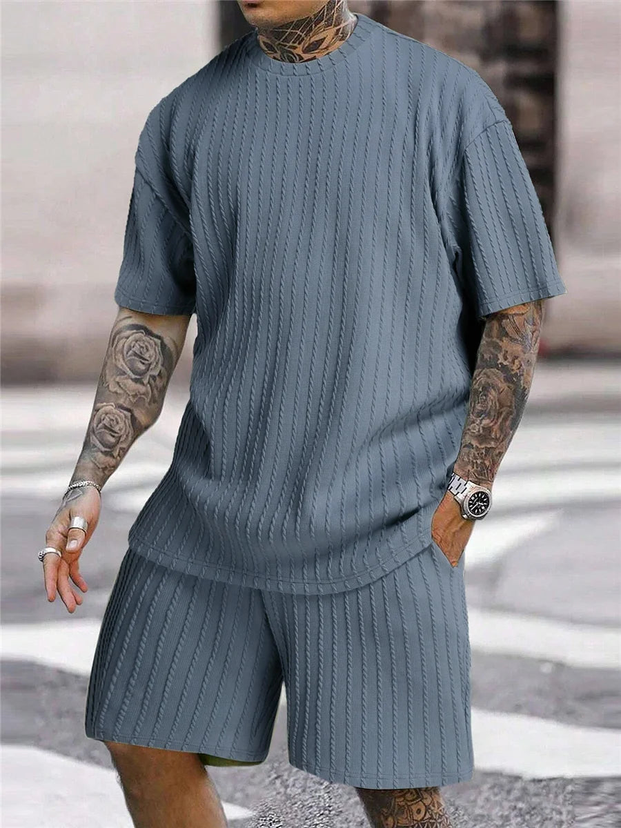 Men’s Two-Piece Summer Set – Solid Stripe T-Shirt & Shorts Casual Gym Streetwear Style Heaven