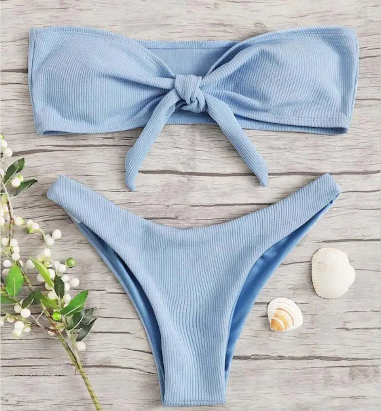 Women’s Sexy Tube Top Bow Split Bikini Swimsuit – Stylish Swimwear with High-Waisted Bottoms Style Heaven