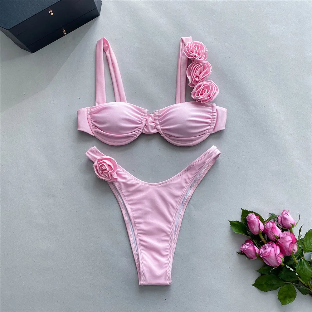 Sexy 3D Flower Shiny Pink Push-Up Bikini – Underwired High-Cut Bathing Suit with Wrinkled Detailing – 2025 Swimwear Set Style Heaven
