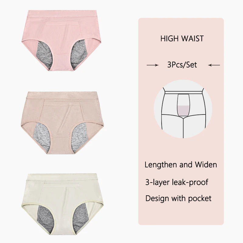 3-Pack High-Waist Menstrual Panties – Leak-Proof Cotton Period Briefs for Women