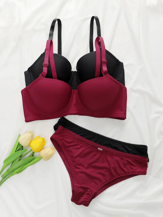 2-Set Solid Underwire Lingerie Set – Push-Up Bra & Panty Set with Steel Ring