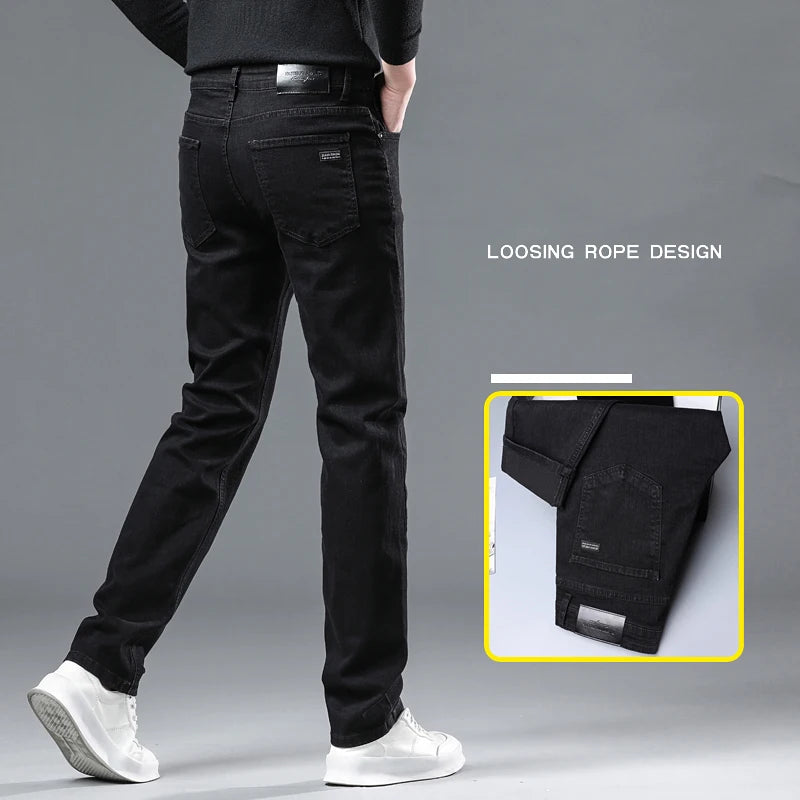 Men’s Pure Black Straight Fit Jeans – Classic Elastic Denim Business Trousers - Style Heaven