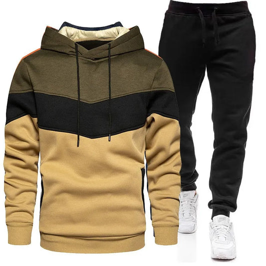 Men’s Autumn & Winter Sportswear Set – 3-Color Block Hoodie & Sweatpants Style Heaven