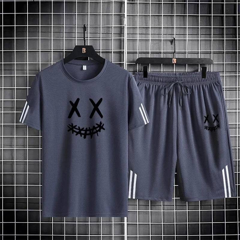 Three-Bar Trendy Men's Sports Set – Smiling Face Print Mesh T-Shirt & Pants Style Heaven