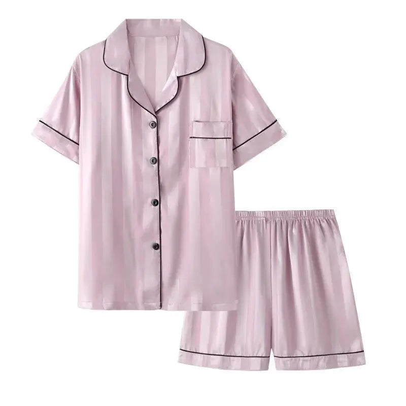 Elegant Satin Striped Pajama Set – Plus Size Button-Up Lounge Wear Style Heaven