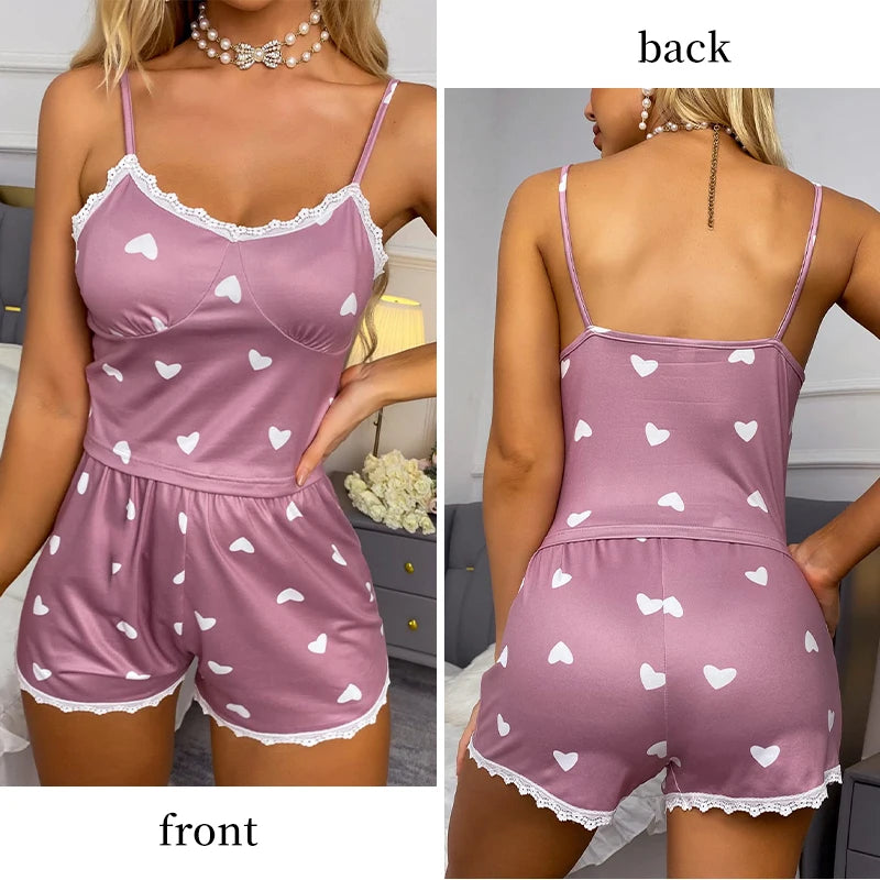 Elegant Lace-Trim Pajama Set – 2-Piece Printed Sleepwear Style Heaven