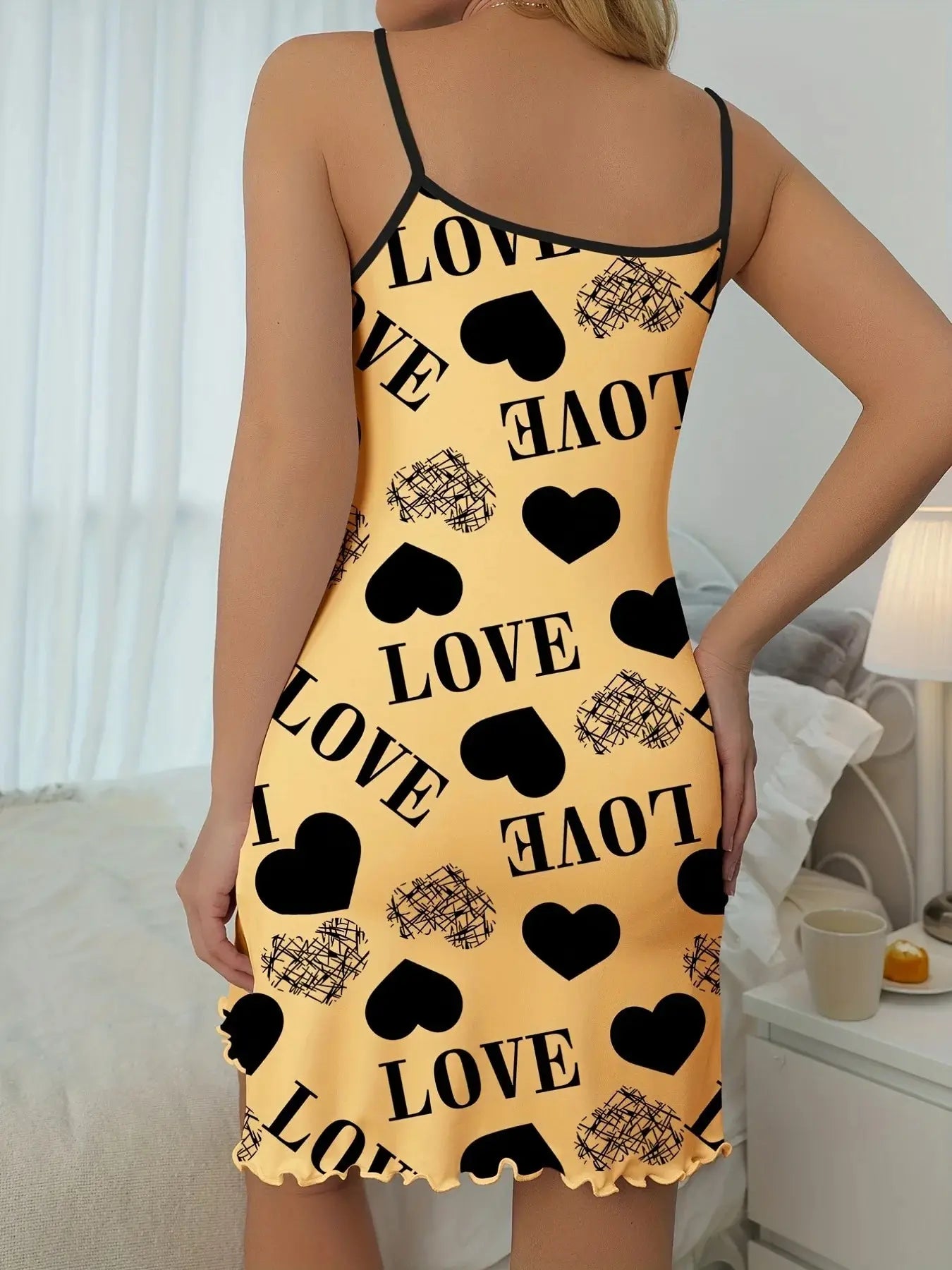 Women's Heart & Letter Print Nightdress – Sexy Lettuce Trim Slip Sleepwear Style Heaven
