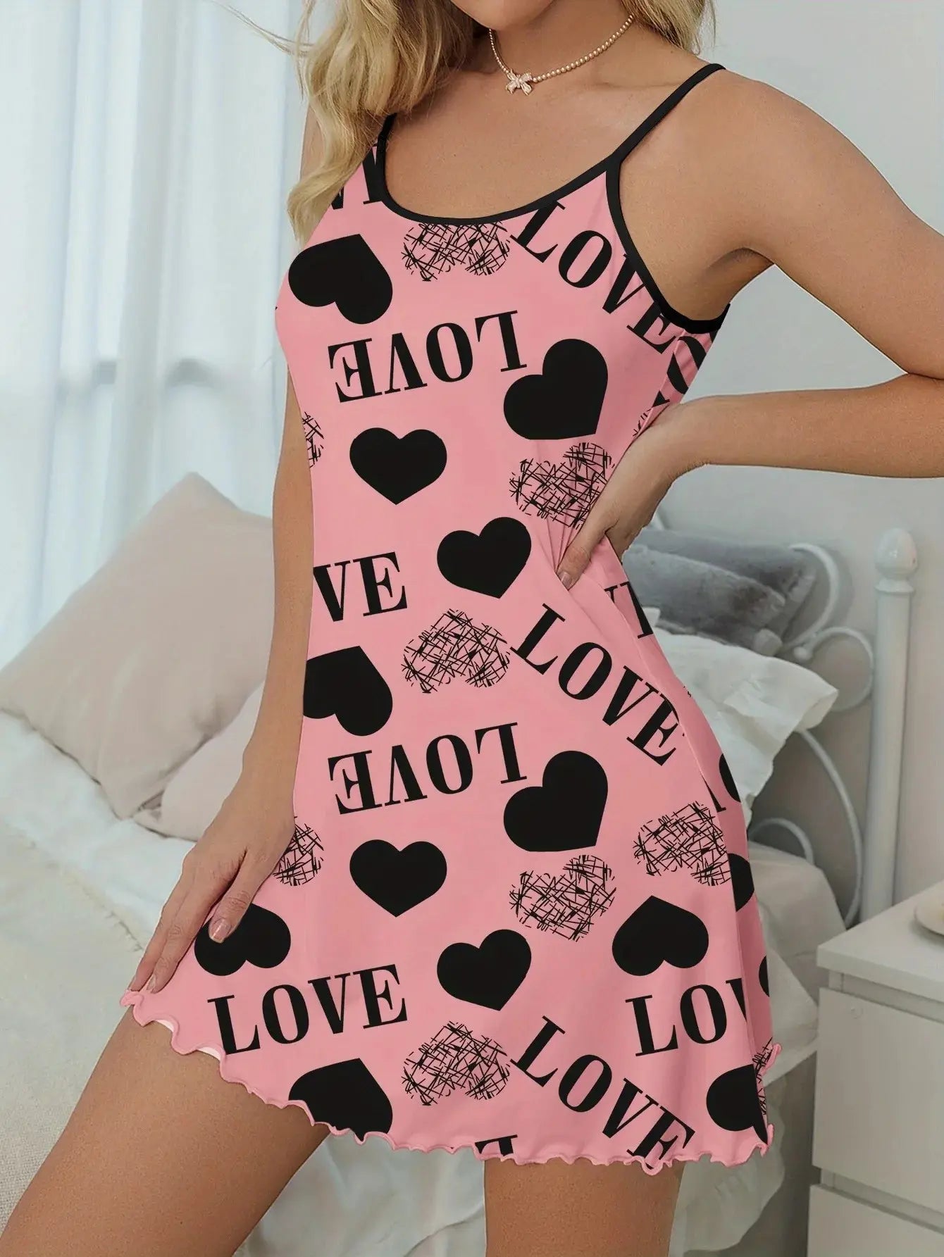 Women's Heart & Letter Print Nightdress – Sexy Lettuce Trim Slip Sleepwear Style Heaven