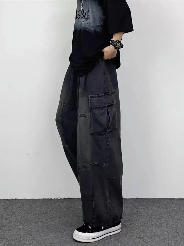 Spring & Autumn Vintage Wide-Leg Overalls – Big Pocket Y2K Loose Fit Hip-Hop Jeans Style Heaven