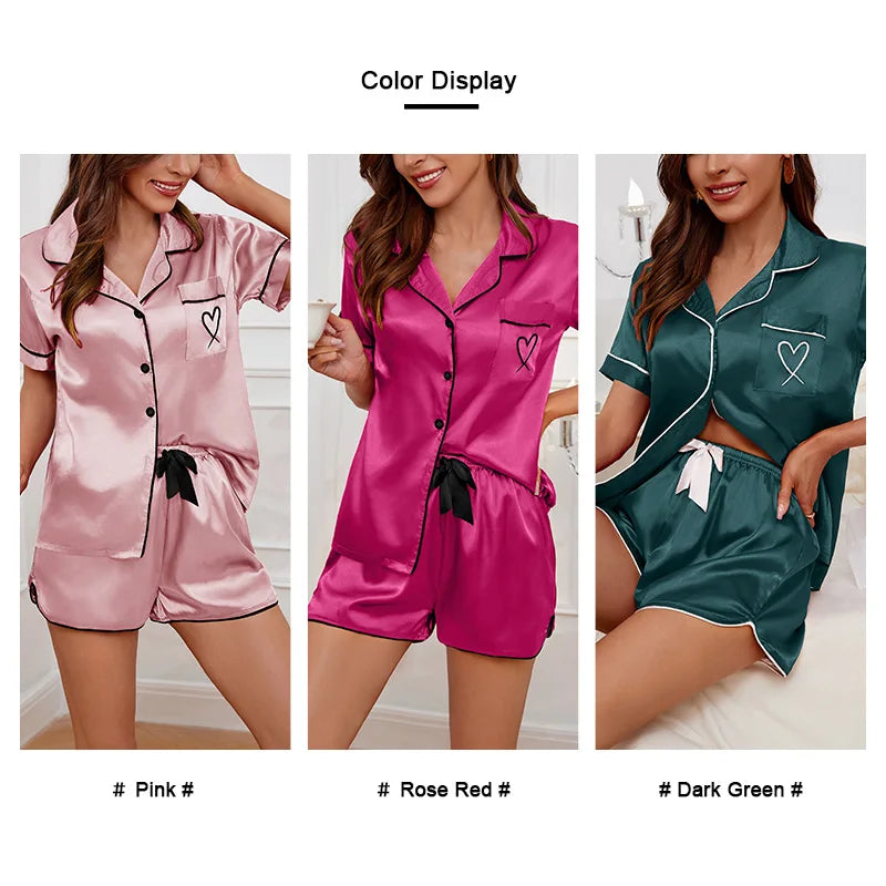 Women’s Heart Embroidered Pajama Set – Short Sleeve Button-Down & Shorts Style Heaven