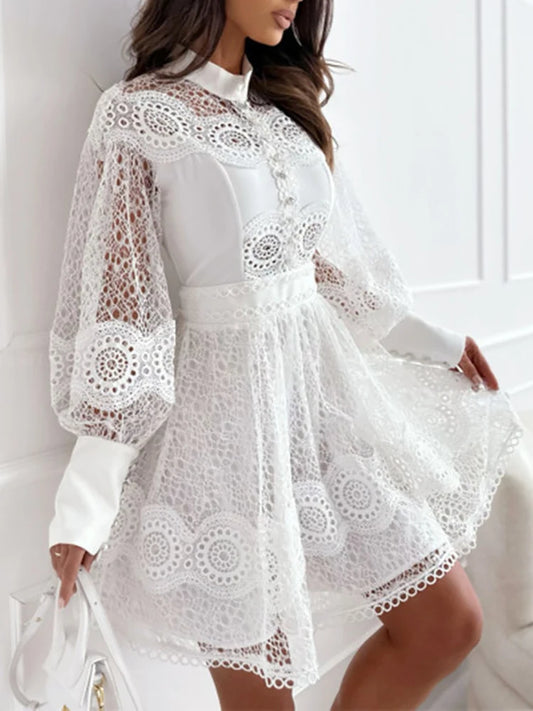 Spring Summer Women's Solid O-Neck Mini Dress – Fashion Hollow Out Lantern Sleeve Party Dress Style Heaven