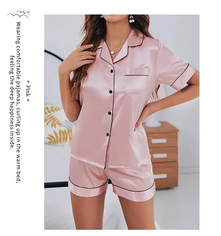 Silk Satin Pajama Set – Button-Down Top & Shorts 2-Piece Sleepwear Style Heaven