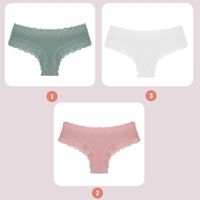 3PCS Women's Lace Seamless Cotton Panties – Ribbed Brazilian Low Waist Underwear, Breathable & Plus Size Lingerie Style Heaven