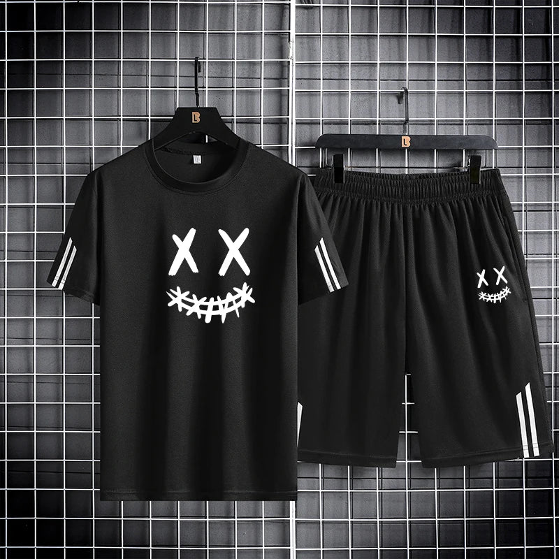 Three-Bar Trendy Men's Sports Set – Smiling Face Print Mesh T-Shirt & Pants Style Heaven