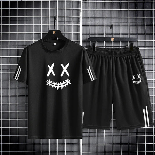 Three-Bar Trendy Men's Sports Set – Smiling Face Print Mesh T-Shirt & Pants Style Heaven
