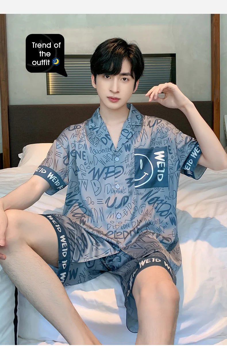 Men’s Ice Silk Pajama Set – Short-Sleeve & Shorts Summer Sleepwear Style Heaven