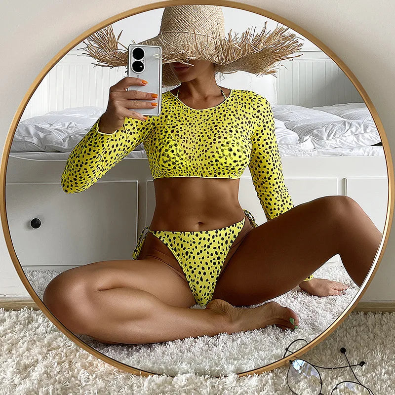 Leopard Print 3-Piece Micro Bikini Set – Halter Top, Low Waist Bottoms & Cover-Up - Style Heaven