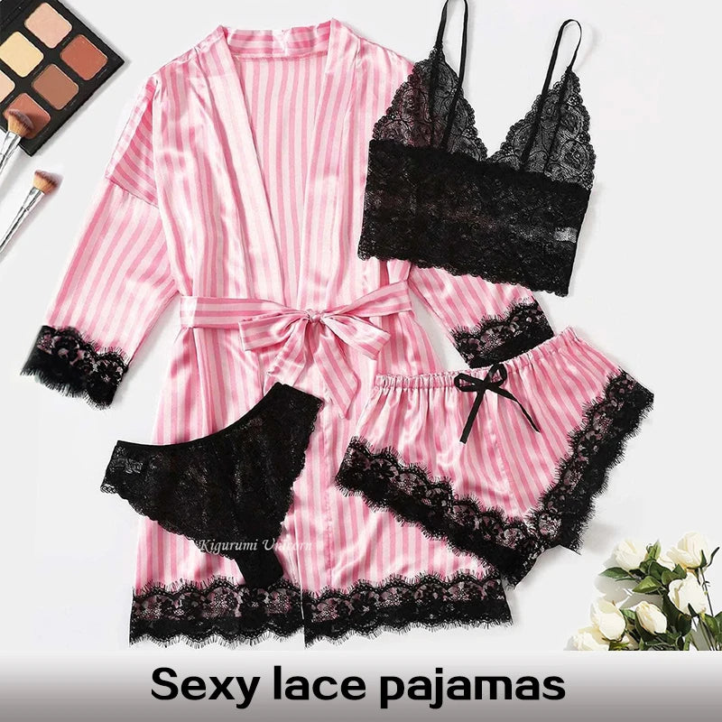 4-Piece Satin & Lace Pajama Set – Pink & White Striped Sleepwear Style Heaven