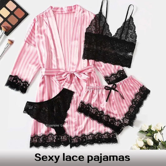 4-Piece Satin & Lace Pajama Set – Pink & White Striped Sleepwear Style Heaven