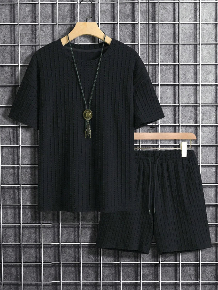 Men’s Two-Piece Summer Set – Solid Stripe T-Shirt & Shorts Casual Gym Streetwear Style Heaven