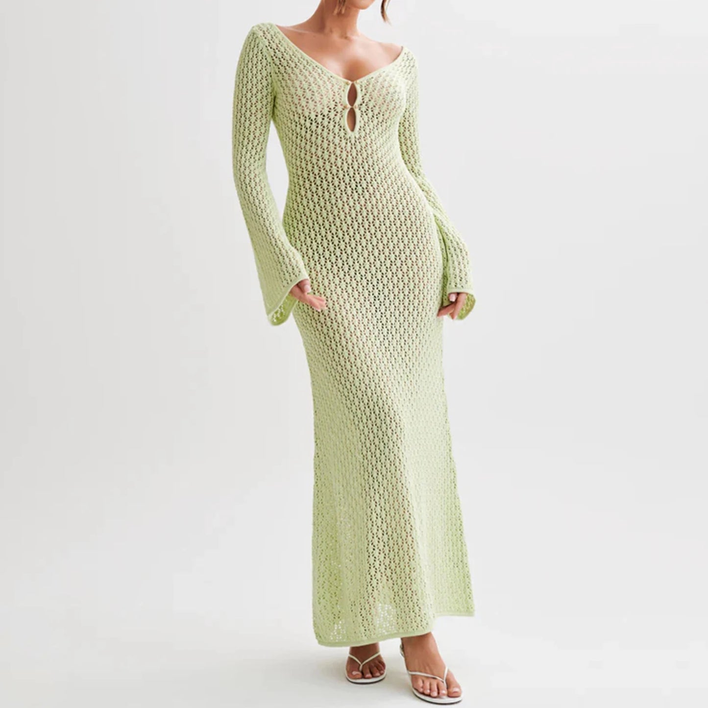Sexy Women’s Long Knit Beach Dress – Hollow-Out Deep V-Neck Bikini Cover-Up Style Heaven