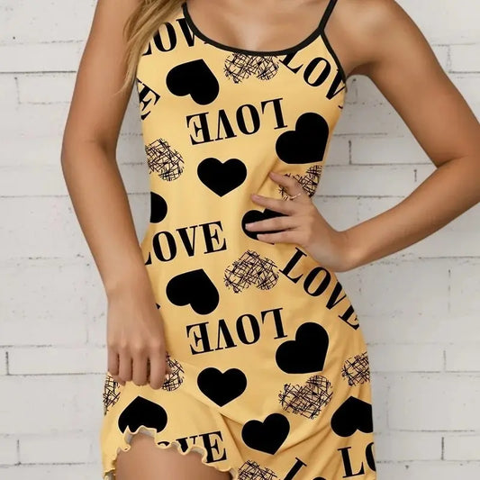 Women's Heart & Letter Print Nightdress – Sexy Lettuce Trim Slip Sleepwear Style Heaven