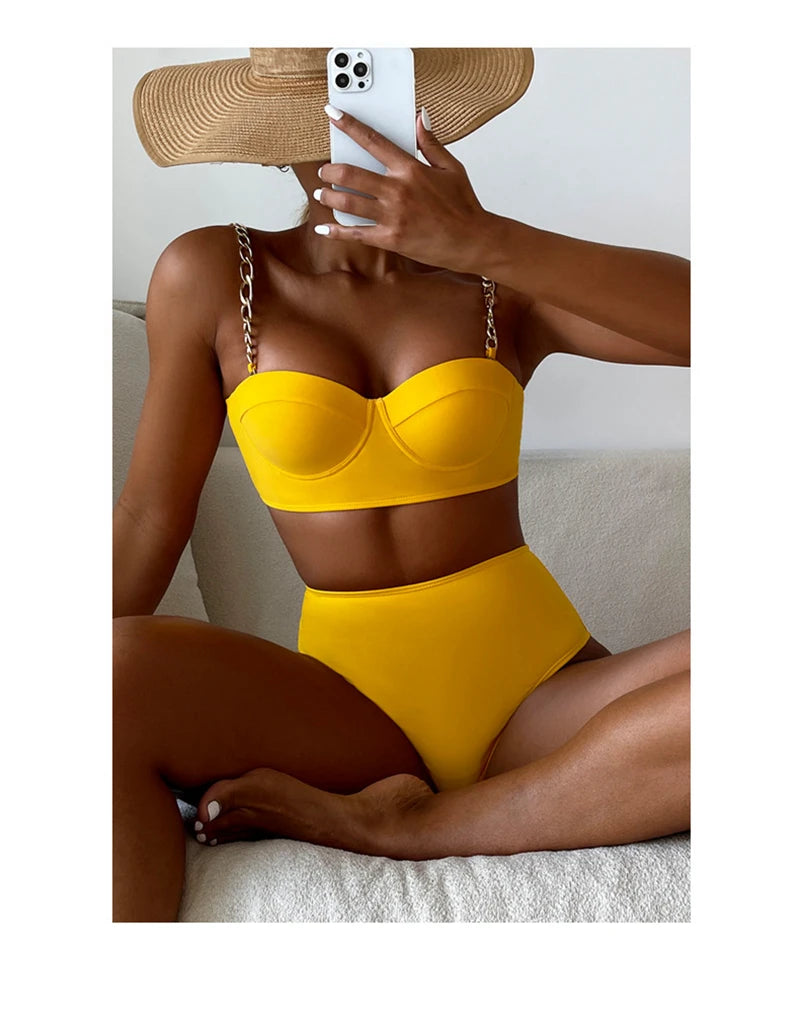 7 Colors High Waist Bikini Set – Padded Wrap Top with Chain Shoulder Straps – Fluorescent Green/Black/Bright Orange Style Heaven