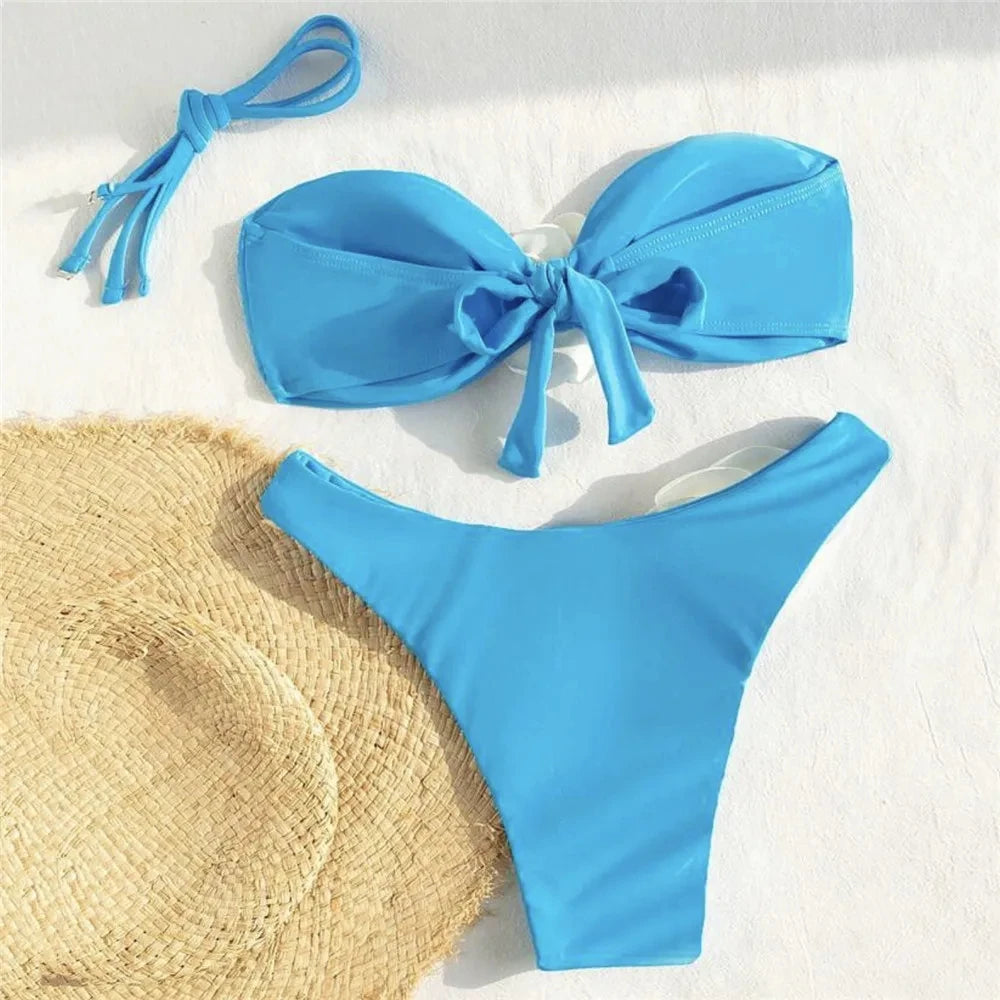 Sexy Flower Bandeau Swimwear Thong Bikini – Lace-Up Brazilian Bikinis Set for Women Style Heaven