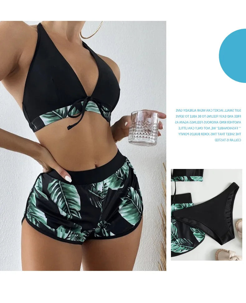 Women’s Sexy Leaf Print 3-Piece High Waist Bikini Set – Stylish Beach Swimwear Style Heaven