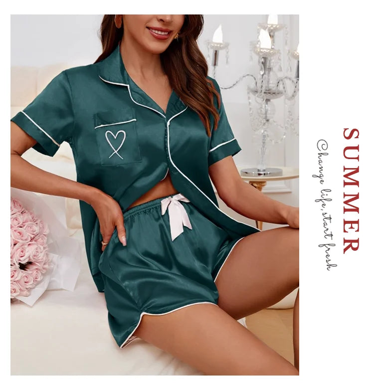 Women’s Heart Embroidered Pajama Set – Short Sleeve Button-Down & Shorts Style Heaven