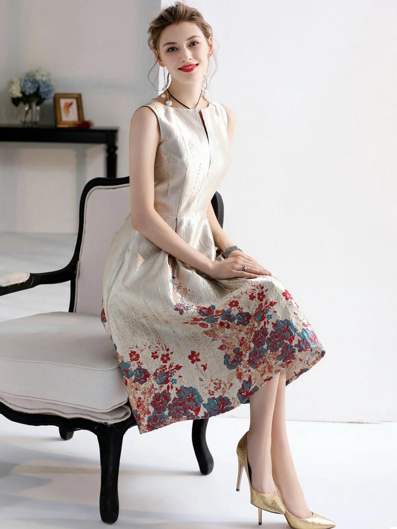 Luxury Women’s Jacquard A-Line Ball Gown – Sleeveless Summer Midi Party Dress Style Heaven