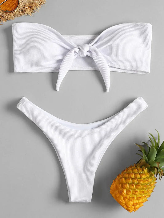 Women’s Sexy Tube Top Bow Split Bikini Swimsuit – Stylish Swimwear with High-Waisted Bottoms Style Heaven
