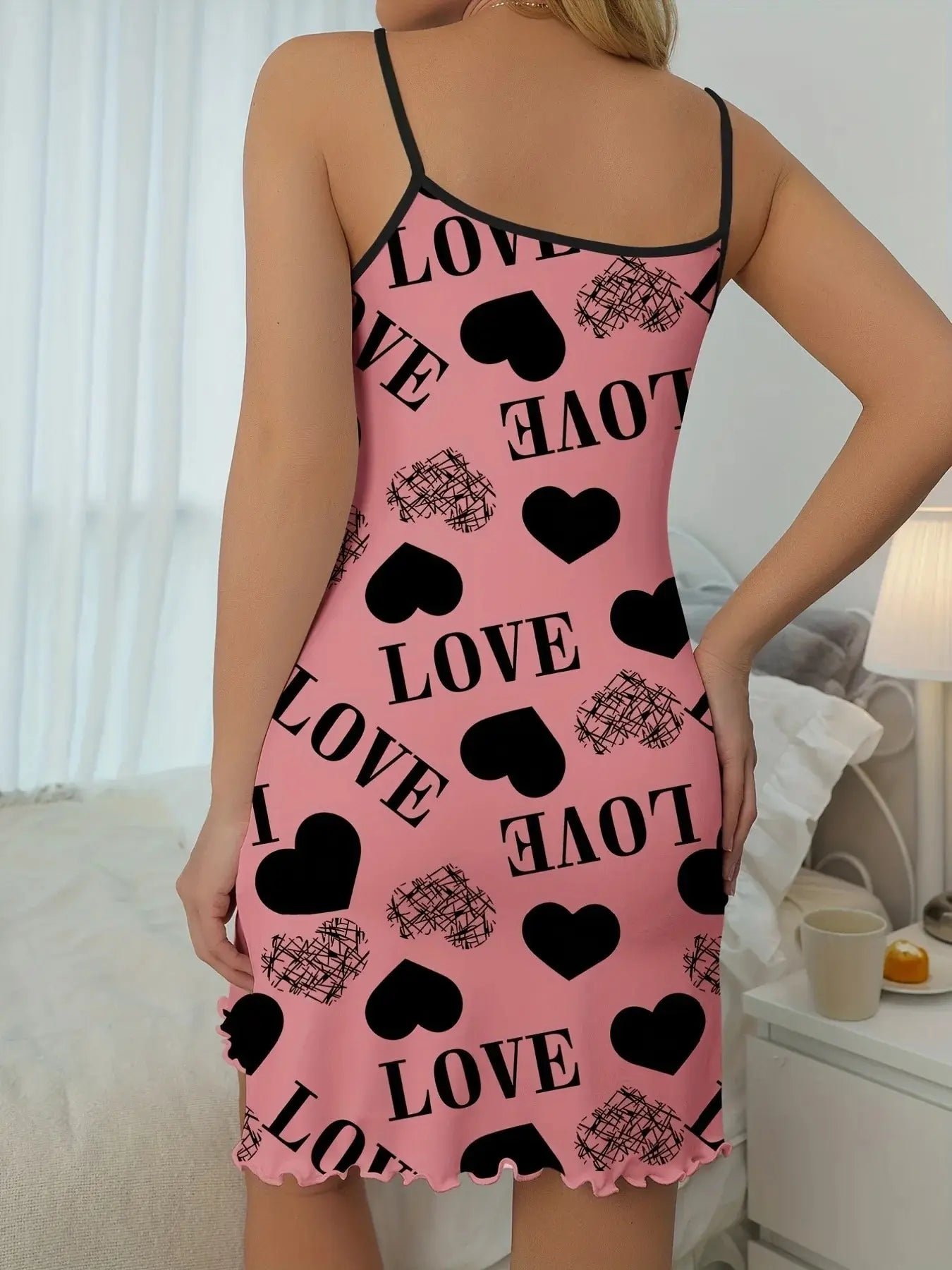 Women's Heart & Letter Print Nightdress – Sexy Lettuce Trim Slip Sleepwear Style Heaven