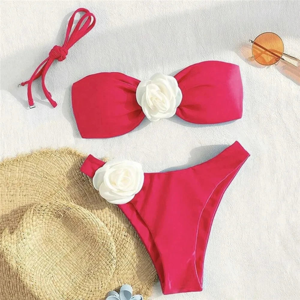Sexy Flower Bandeau Swimwear Thong Bikini – Lace-Up Brazilian Bikinis Set for Women Style Heaven