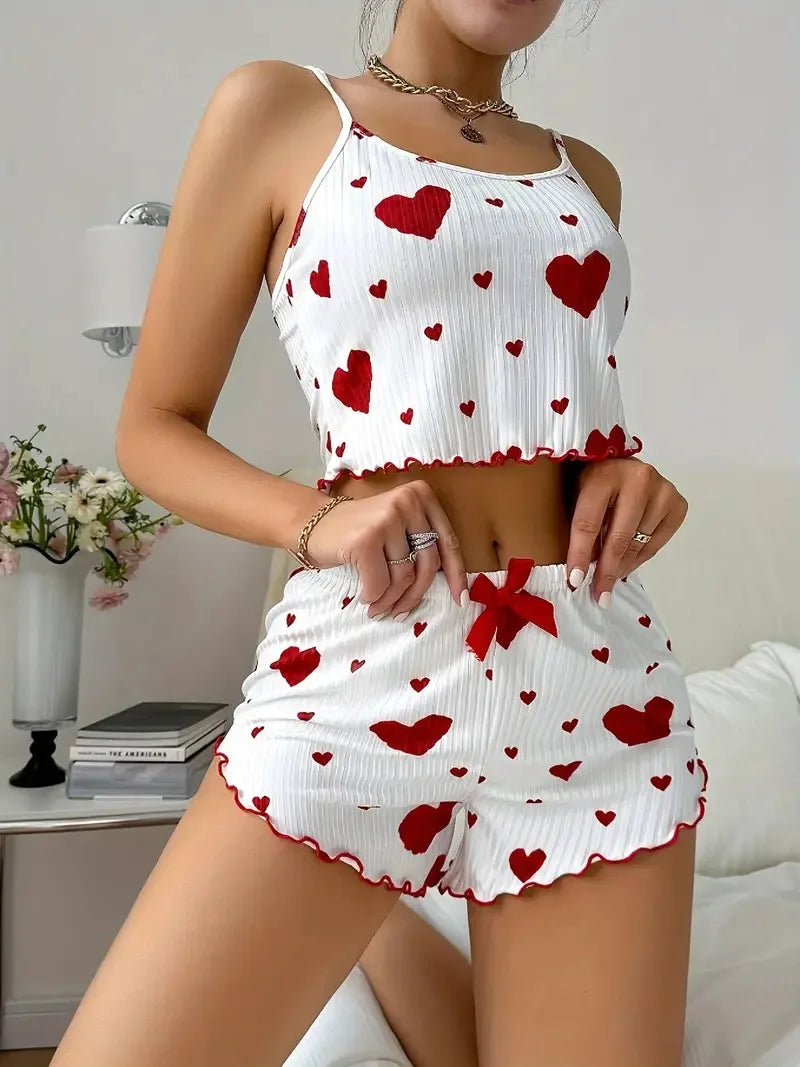 Heart Print Backless Pajama Set – Cute & Comfy Summer Loungewear Style Heaven