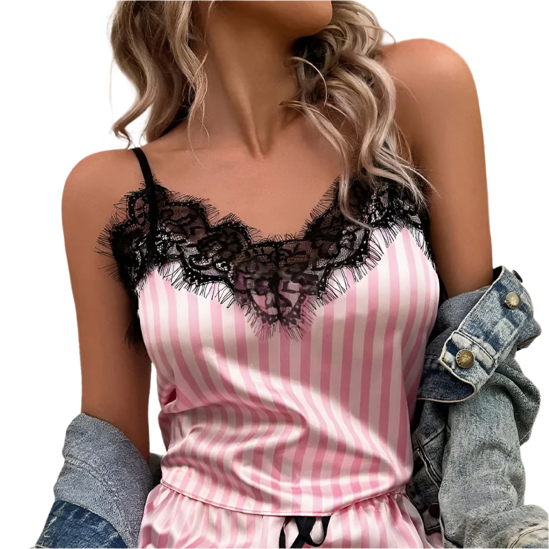 Sexy Lace V-Neck Pajama Set – 2-Piece Sleeveless Sleepwear Style Heaven
