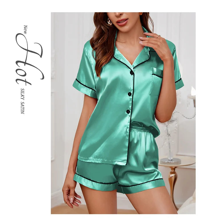 Silk Satin Pajama Set – Button-Down Top & Shorts 2-Piece Sleepwear Style Heaven