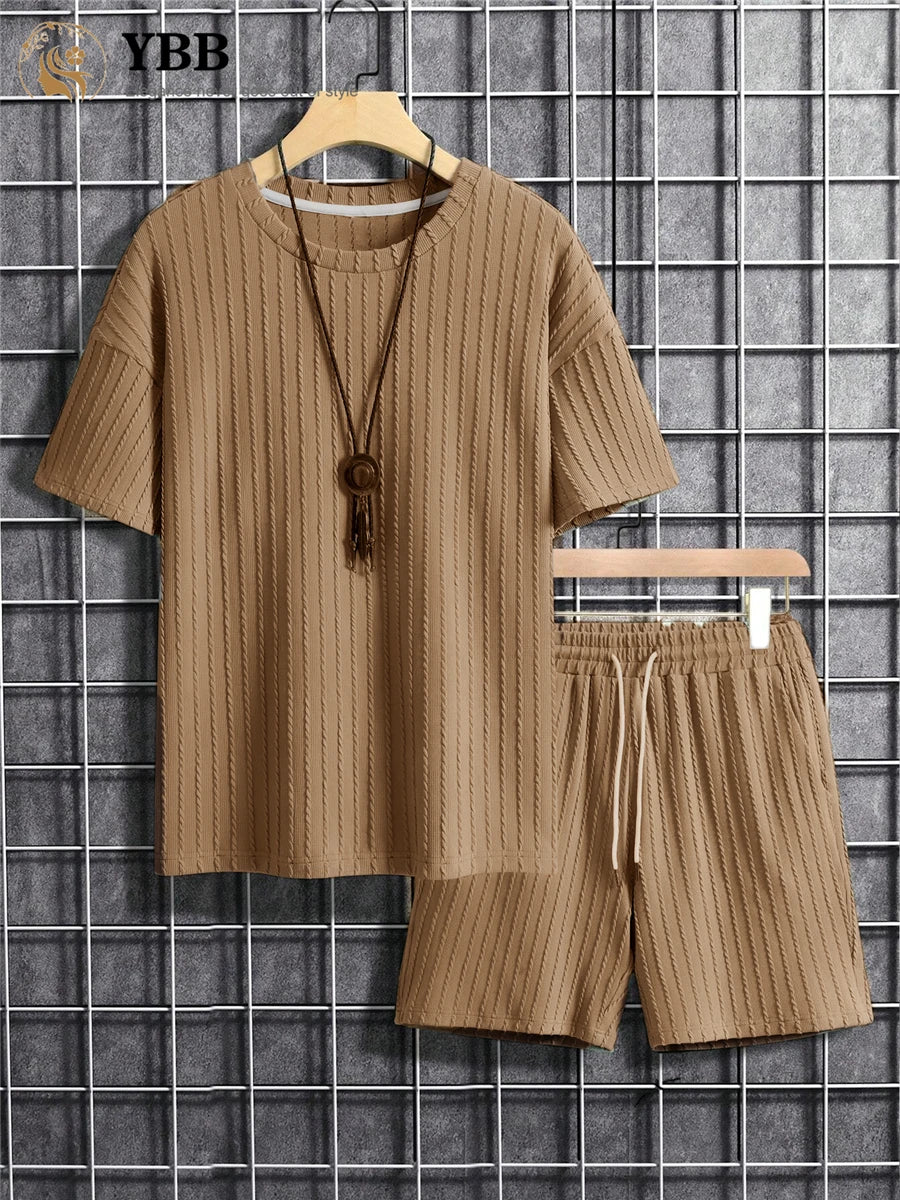 Men’s Two-Piece Summer Set – Solid Stripe T-Shirt & Shorts Casual Gym Streetwear Style Heaven