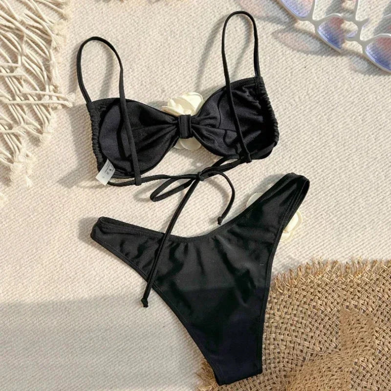 Sexy Flower Bandeau Swimwear Thong Bikini – Lace-Up Brazilian Bikinis Set for Women Style Heaven