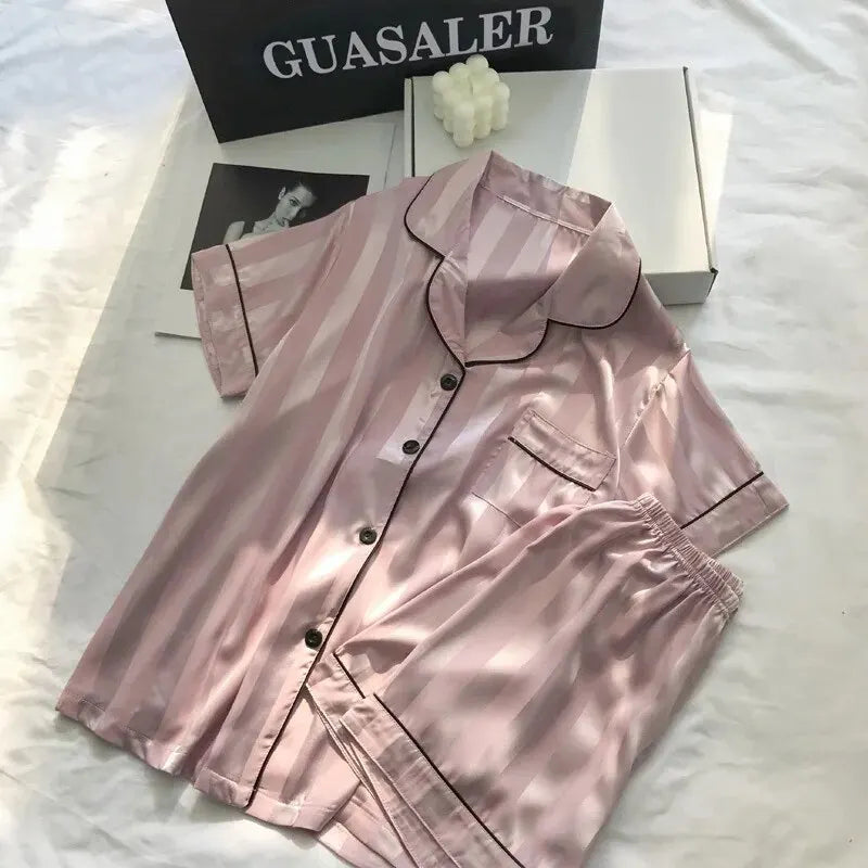 Elegant Satin Striped Pajama Set – Plus Size Button-Up Lounge Wear Style Heaven