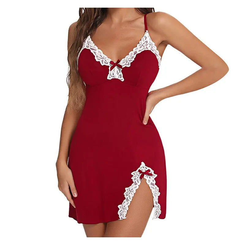 Sexy Lace Silk Satin Nightgown – V-Neck Split Hem Sleepwear Style Heaven