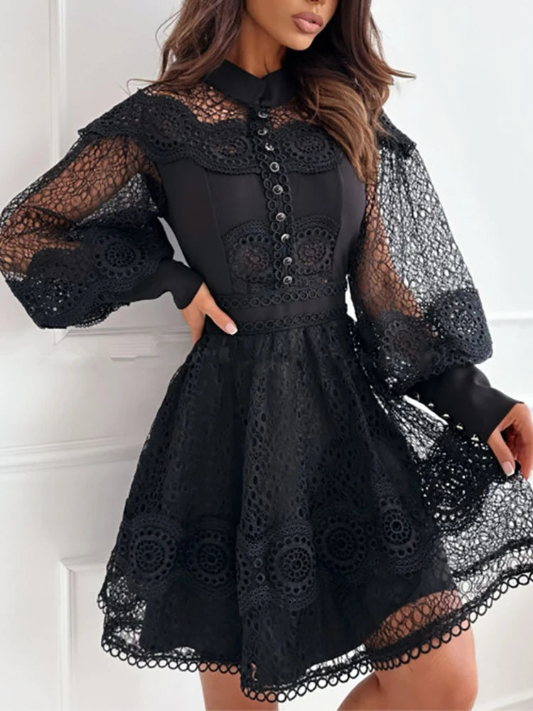 Spring Summer Women's Solid O-Neck Mini Dress – Fashion Hollow Out Lantern Sleeve Party Dress Style Heaven